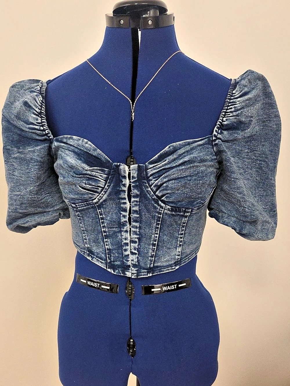 Fashion Nova Denim Ruched Puff Sleeve Crop Top Blue